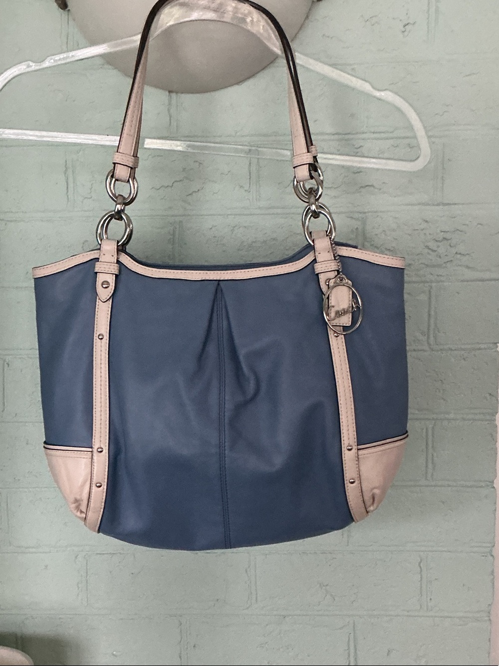 Coach Blue Leather Shoulder Bag with Cream Trim